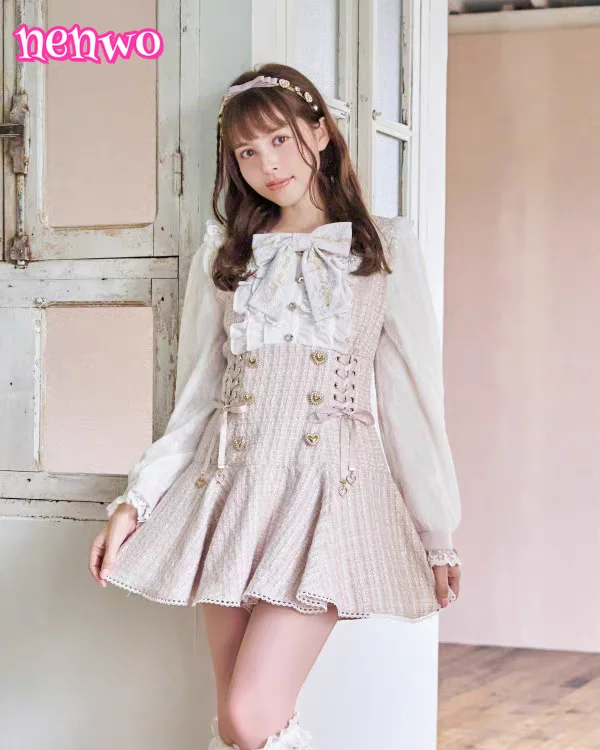 Robe et Short de Style gothique japonais avec nœud en strass pour femmes, ensemble chemise à carreaux en dentelle bouffante à manches courtes, tenues Lolita Y2k