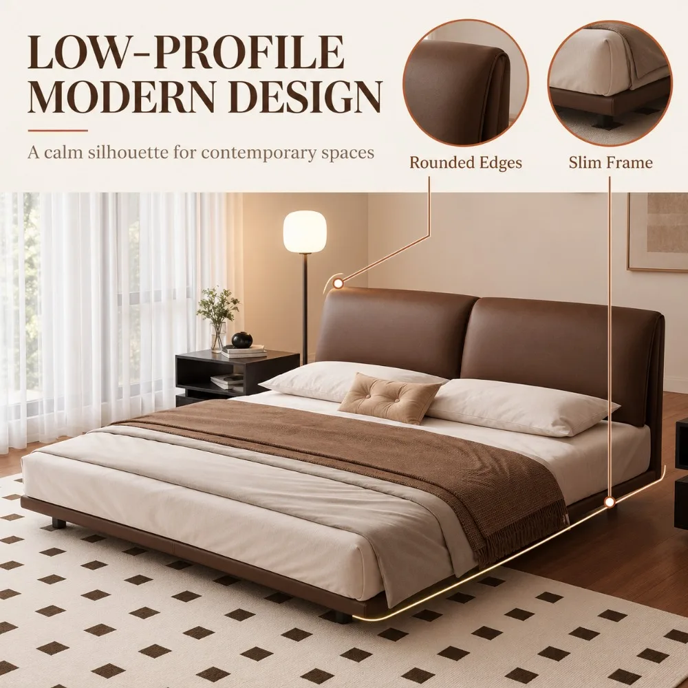 Italian Light Luxury Elephant‑Ear Floating Bed, Walnut Color Solid Wood King Queen Size Eco‑Friendly Modern Double Bedroom Bed