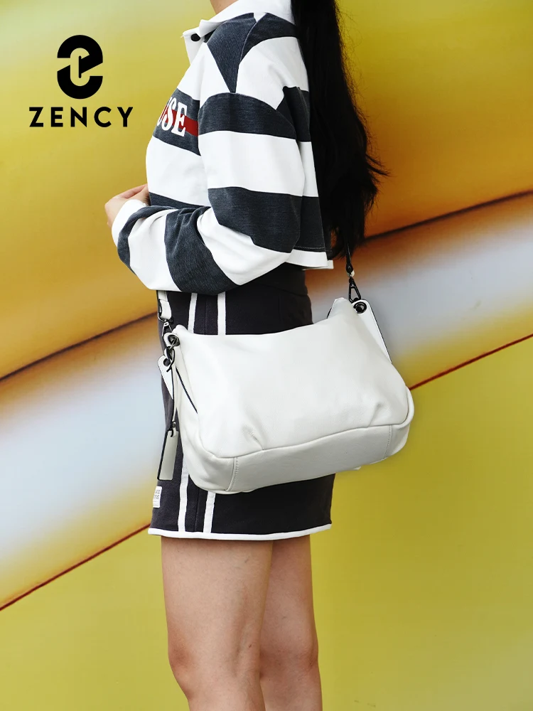 Zency New Black Beige Genuine Leather Hobo Bag Women Simple Classic Casual Handbag Shoulder Tote Soft Crossbody Big Pockets