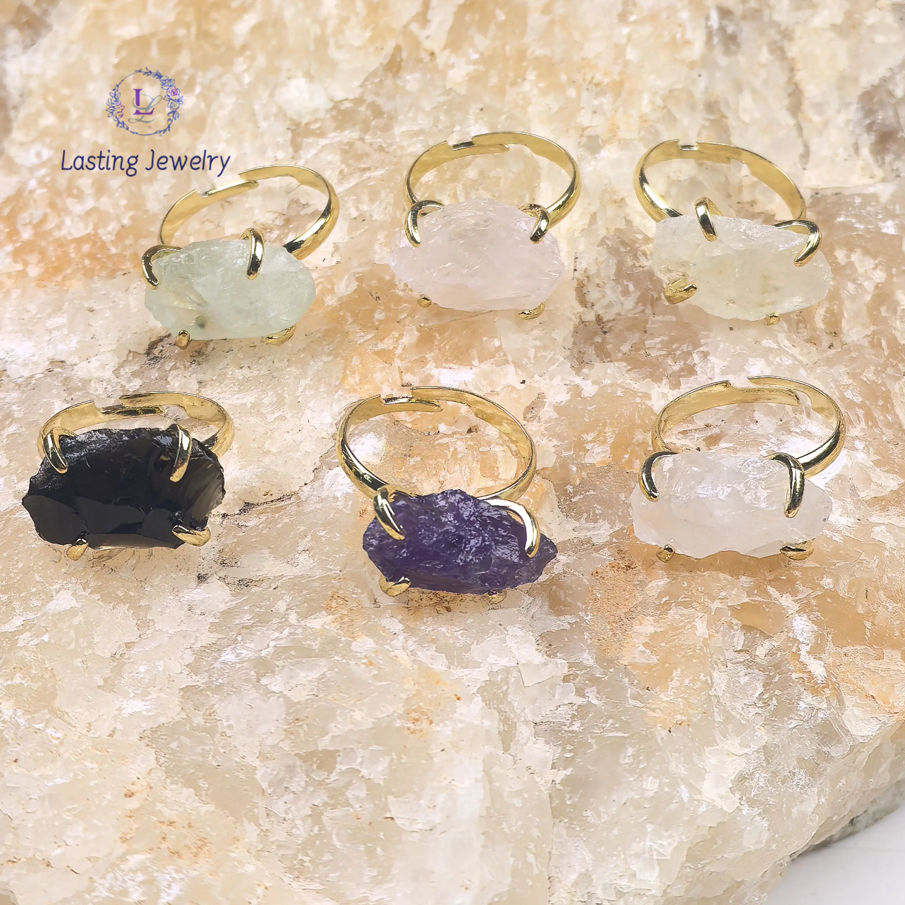 

Golden Plated Raw Crystal Quartz Adjustable Rings,Natural Fluorite Amethyst Obsidian Finger Ring Women Fashion Bohemia Jewelry