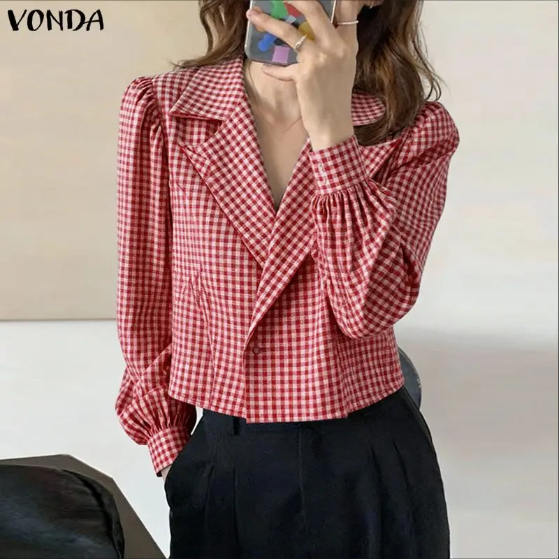 VONDA Elegante Büro Dame Mode Shirts Frauen Langarm Plaid Bluse Herbst Beiläufige Lose Vintage Print Blusas Tops Femininas