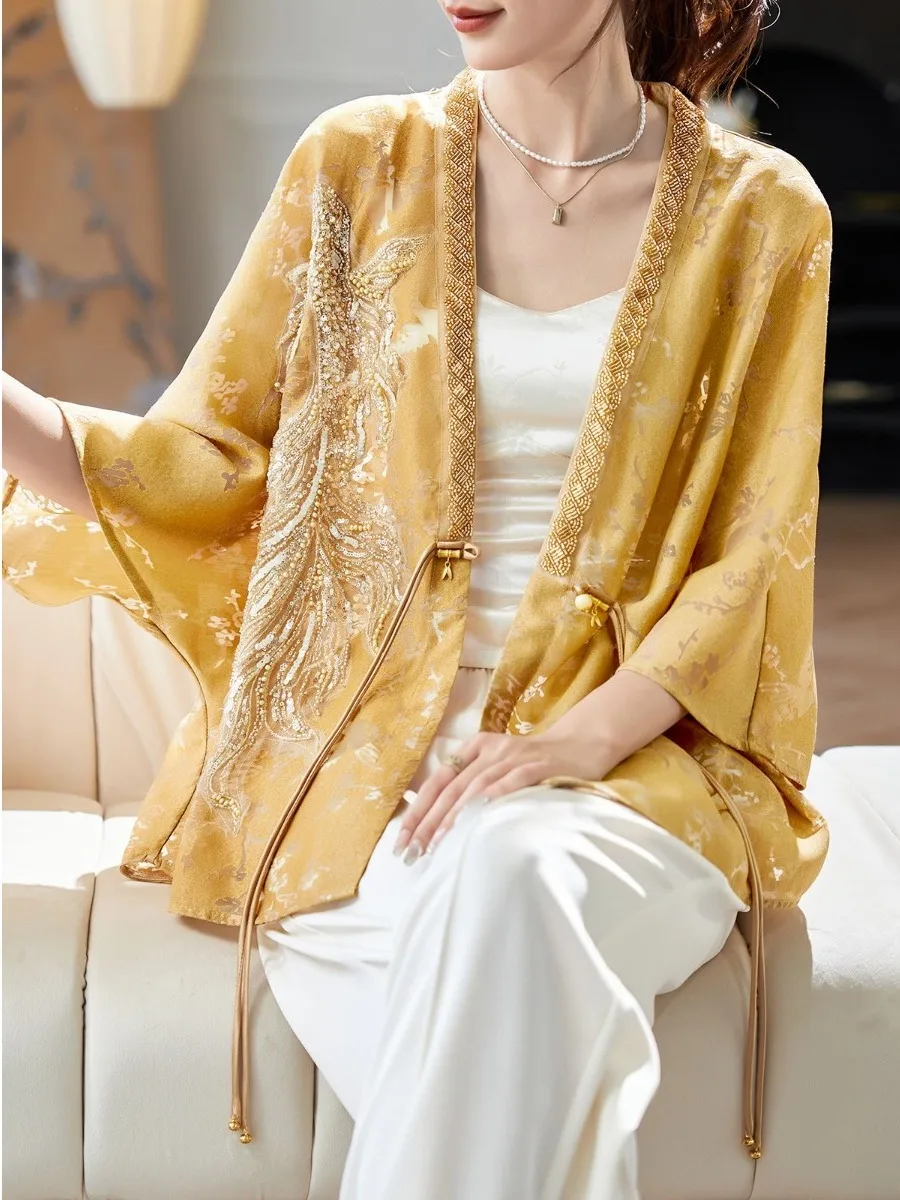 Nieuwe Chinese Sle Losse Batwing Sve hol Jaet Zware Borduren vrouwen Open Vest priem V-ne Mid-lengte Jas