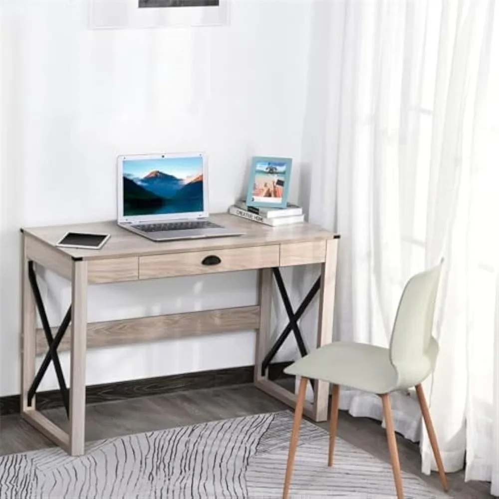 

44" Home Office Computer Desk, Rustic Writing Desk, Farmhouse Workstation with Storage Drawer, 44" L x 20" W x 30" H Compact
