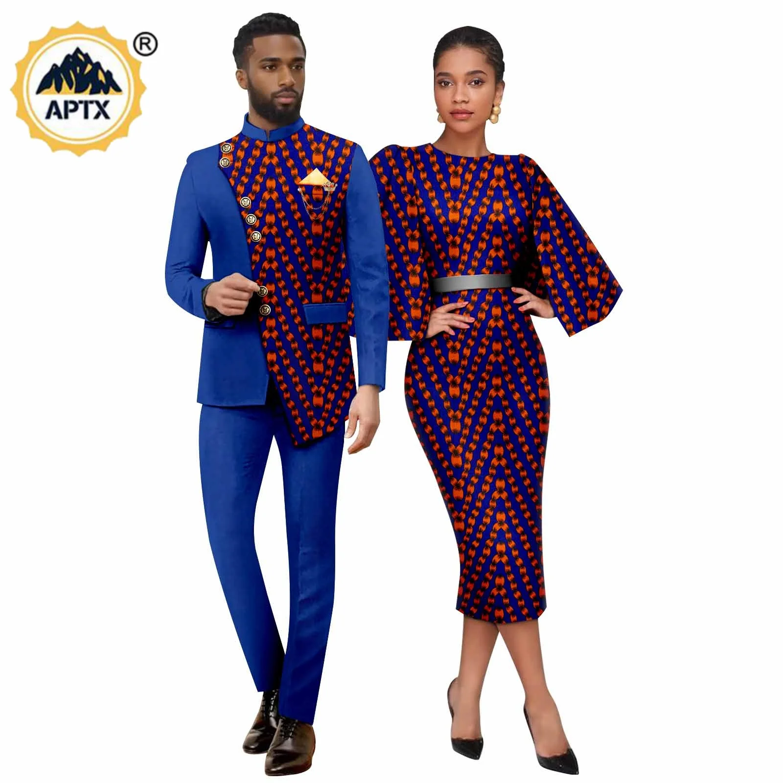 African Print Batwing Sleeve Slim Dresses for Women Matching Couple Outfits Dashiki Formal Men Top Jacket and Pant Sets Y26C00
