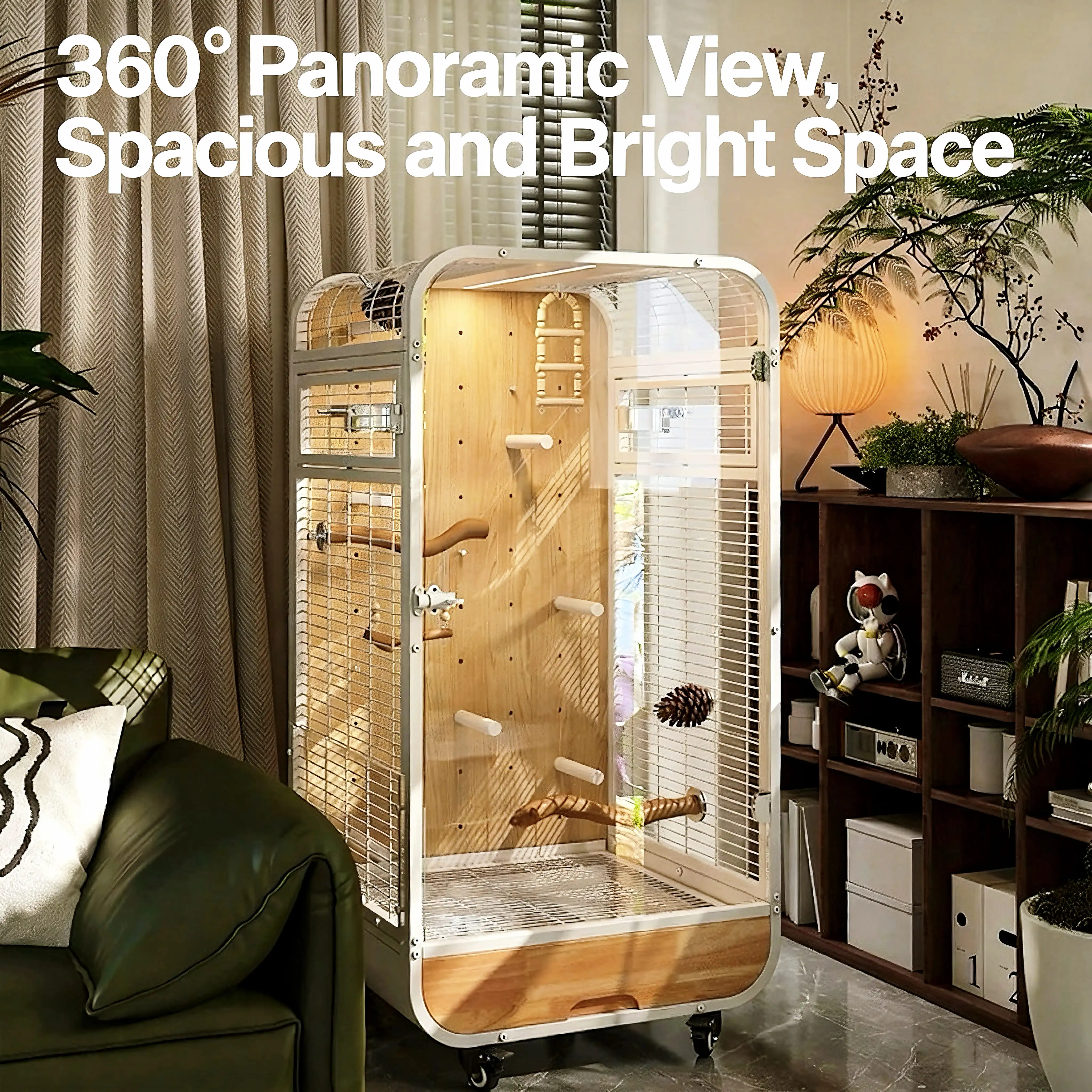 Parrot Bird Cage  LargeHome-Use Iron Wood Construction Space-Saving Design Splash-Proof Clear GlassOutdoor Furniture