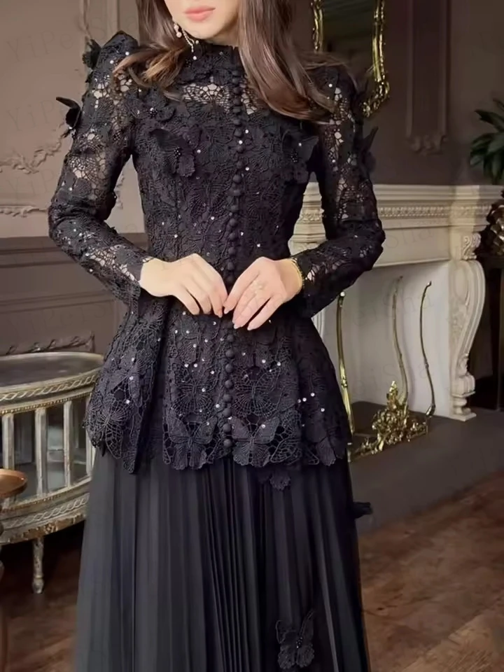 تخصيص ألف خط فساتين لحضور الحفلات الموسيقية الكاحل طول عالية الرقبة كم كامل ثوب مسائي أزياء من الدانتل زر مطرزة ثنيات حزب ثوب