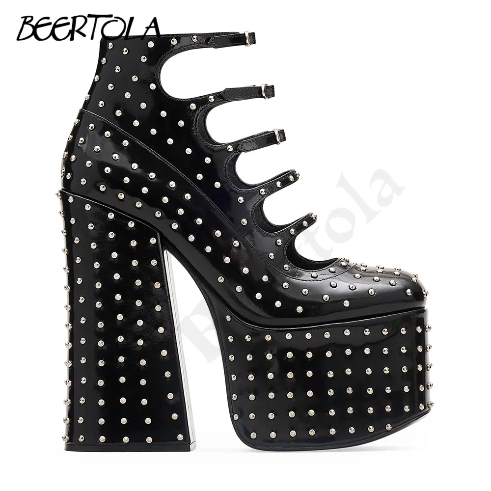 

Women's Metal Rivet High Platform Boots Black Patent Leather Thick Sole Buckle Sandals Chunky High Heels Fashion High Heels