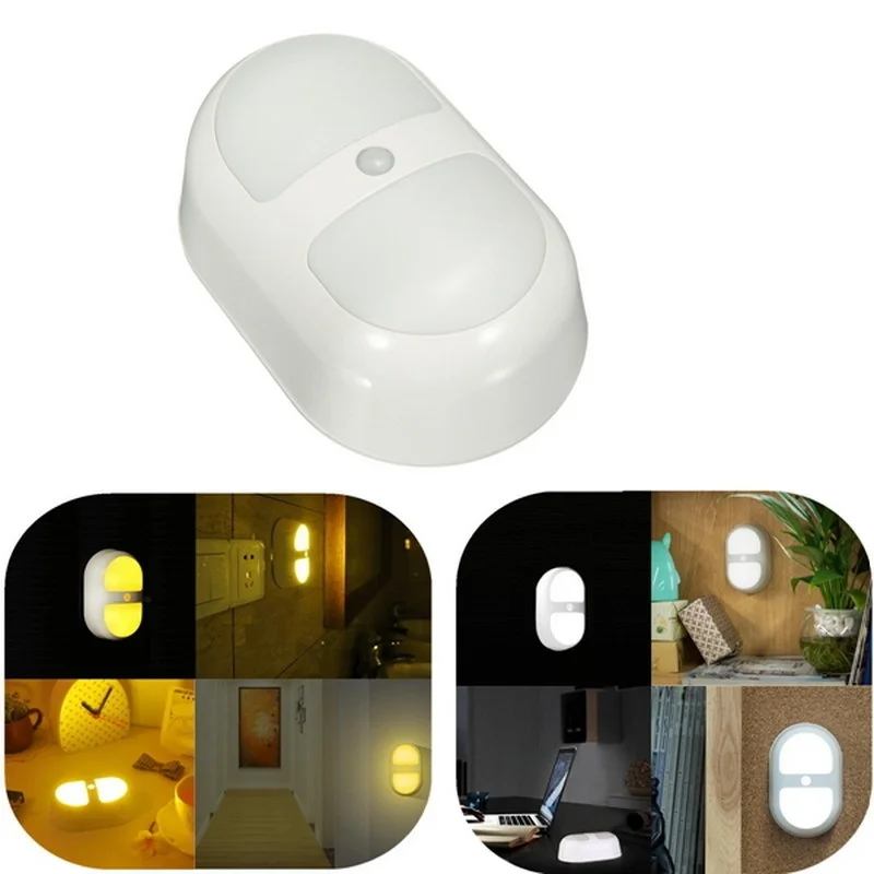 Luz Led nocturna con Sensor de inducción de movimiento humano, lámpara de Control con batería para dormitorio, baño, Color amarillo/blanco