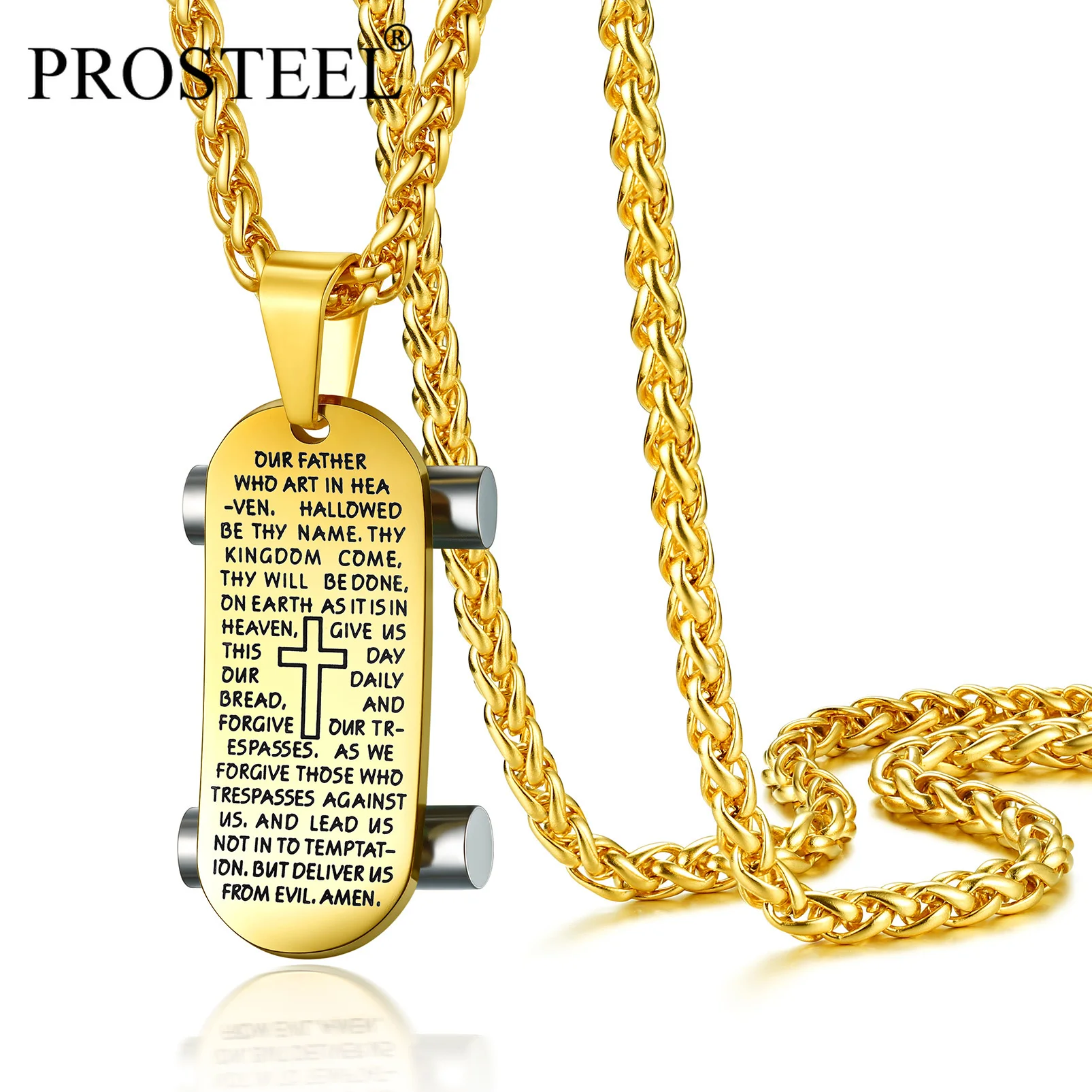 

PROSTEEL Skateboard Cross Necklace Bible Verse Black/Gold/Blue Pendant Hip Pop Rapper Men Women Christian Charm Prayer Scripture