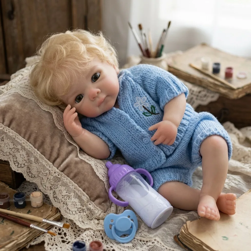 

13 Inch Handmade Lifelike Bettie Unisex Silicone Reborn Newborn Baby Doll With Lovely Gold Curly Hair