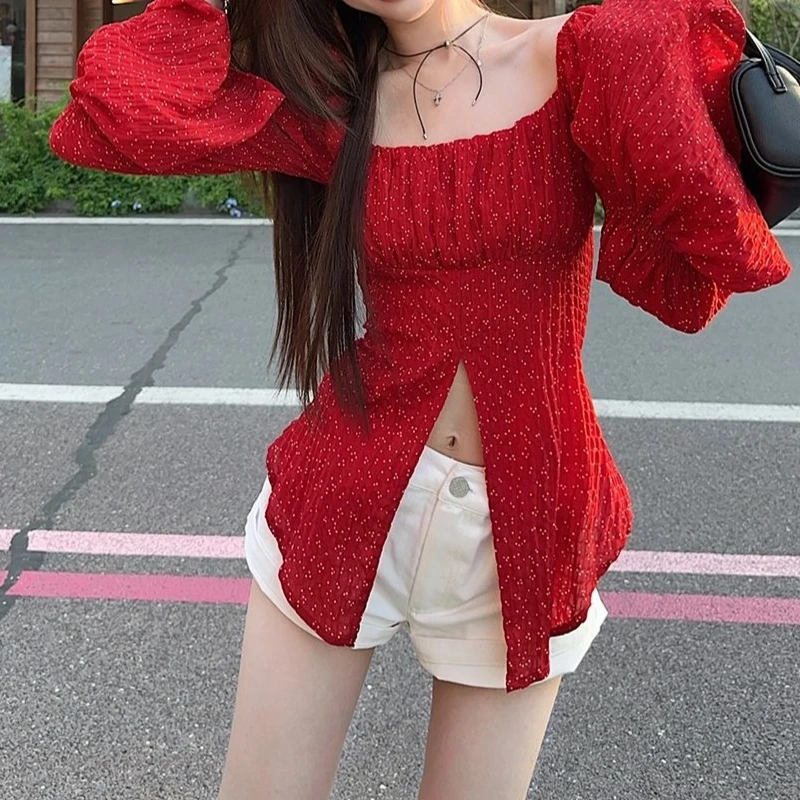 

Vintage Floral Square Collar Long Sleeve Shirts for Women Summer Slim Fit Waist-Cinching Design Trendy Flirty Tops