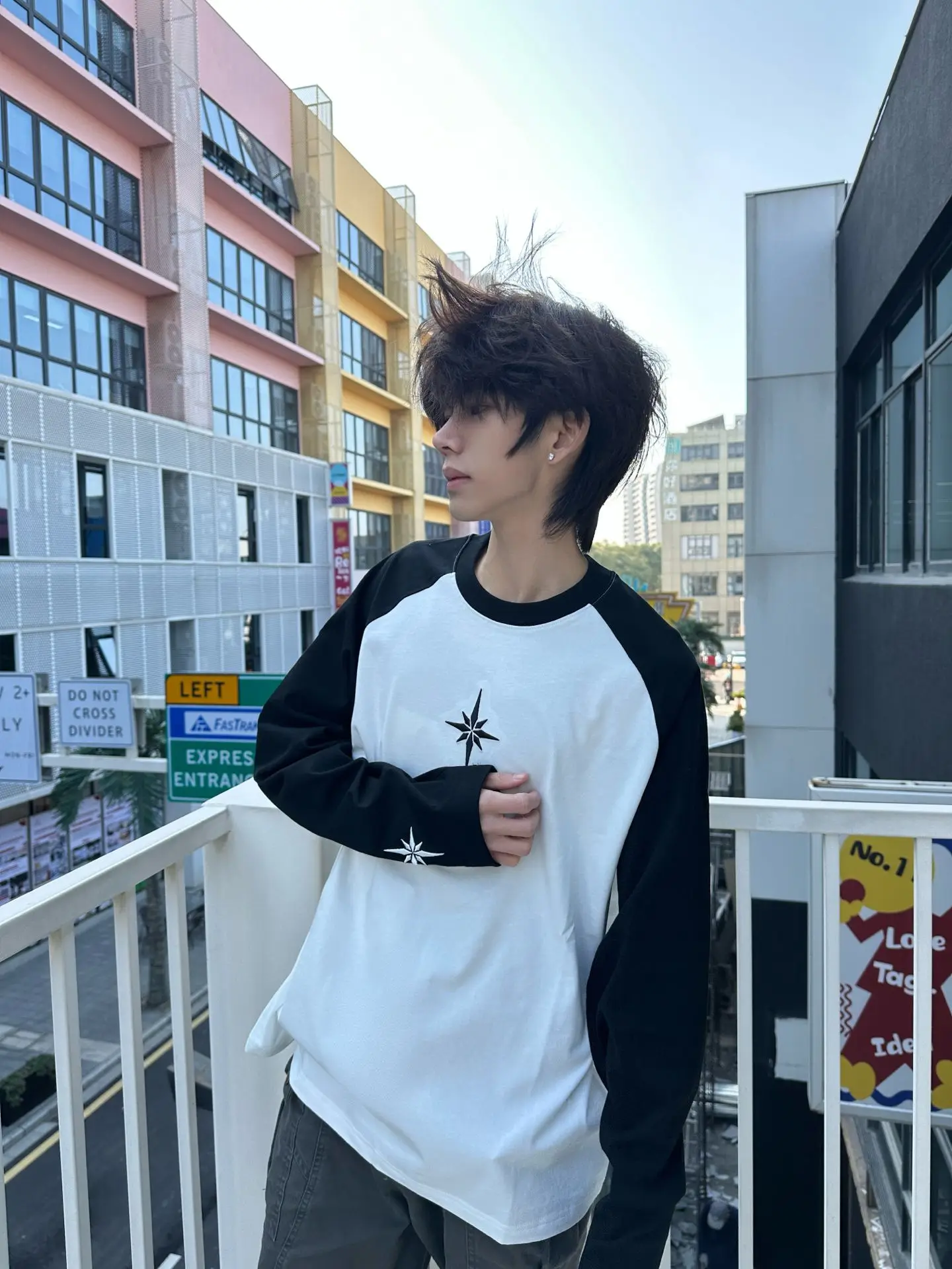 Loose Men's Cotton Long Sleeve T-Shirt round Neck Shoulder Insert Design Base Shirt Trendy Brand Polar Star Top for Teens And...