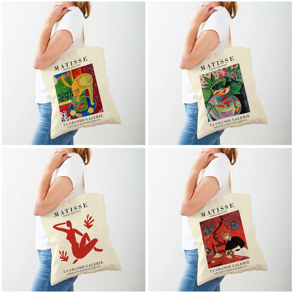 Vintage Matisse recorte galería fauvismo gato pescado señora bolso de mano mujer bolso de compras doble impresión Eco supermercado Shopper bolsas