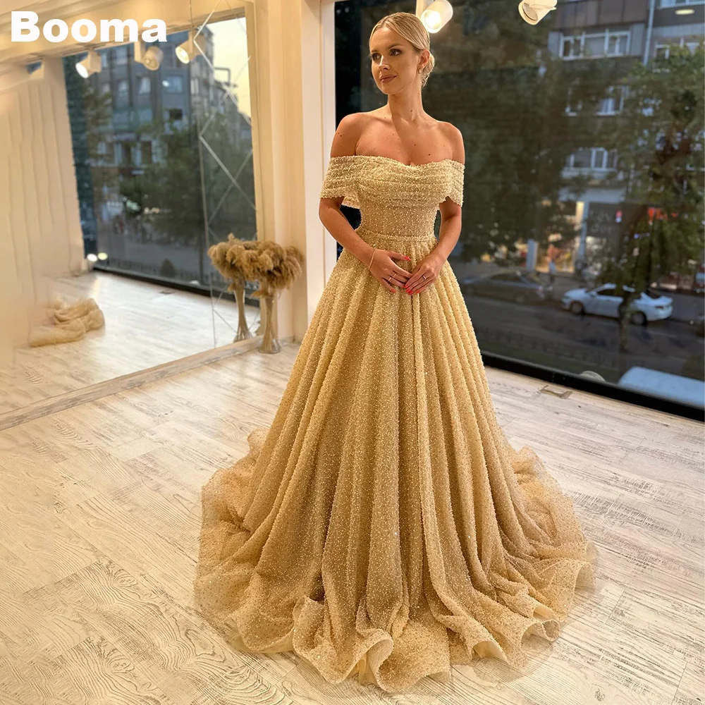 Booma Bling Gold A Line Shiny Wedding Dresses Off Shoulder Bohemia Women\'s Princess Bridal Gowns Robe De Mariée Vestido فست