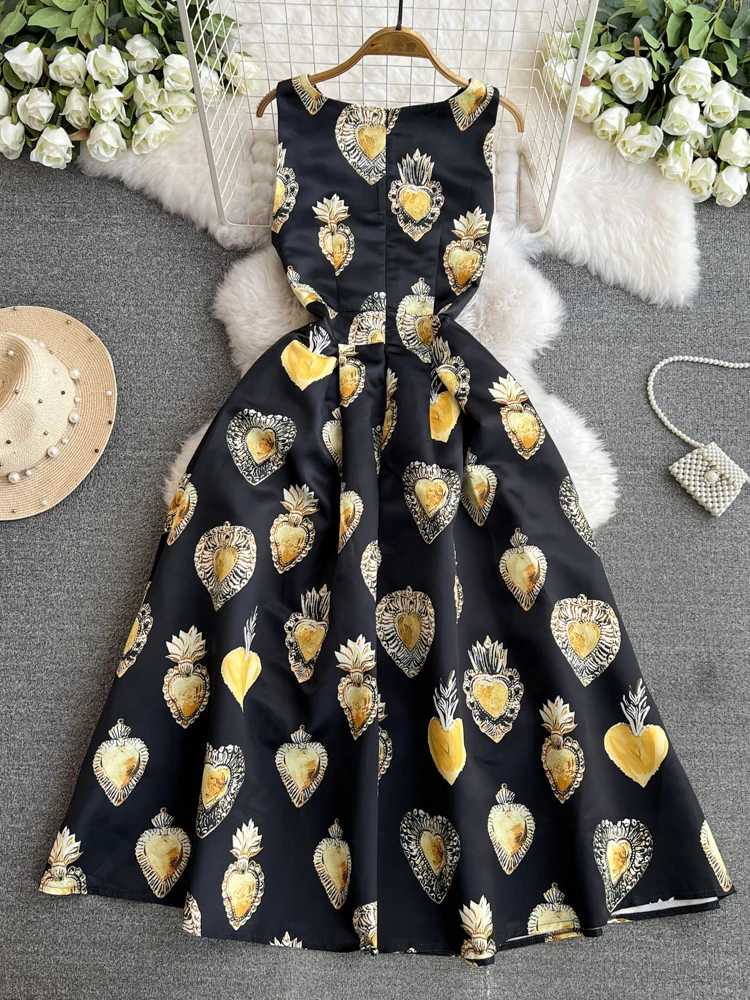 Baroque Vintage Crown Flower Print Satin Summer Dresses Women Elegant Vest Sleeveless Birthday Party Midi Tank Robes Female