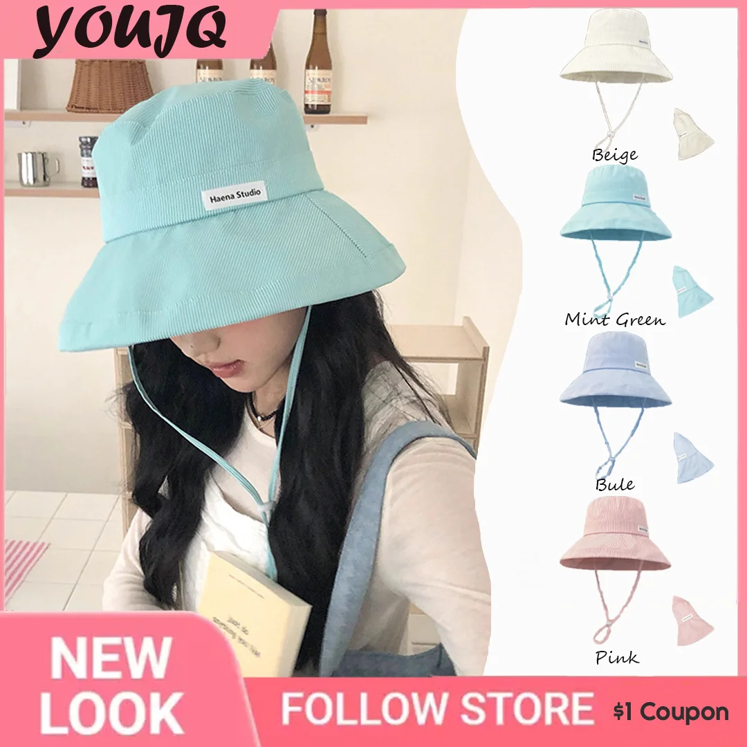 Solid Colours Bucket Hat with Large Brim and Lanyard for Women