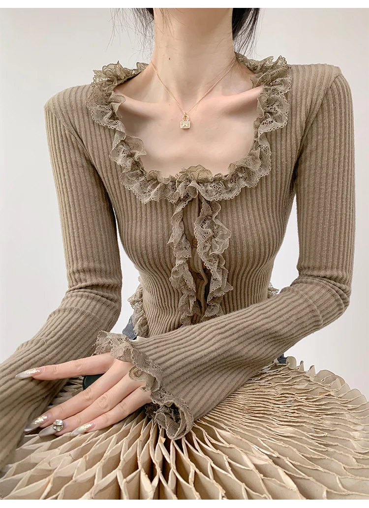 2026 Quadratischer Kragen Spitzenbesatz Langarm-Strickpullover Damen Retro Kurzer Stil Schlanke Oberteile Einreihige Strickjacke – Detail 16