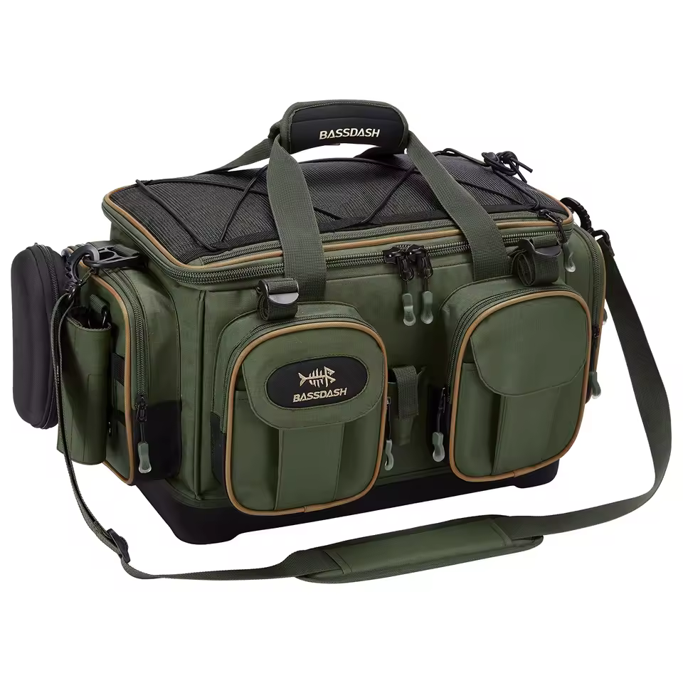 Fishing Tackle Shoulder Bag Water Resistant Lightweight Gear Storage Pack with Hard Molded Bottom Rain Cover