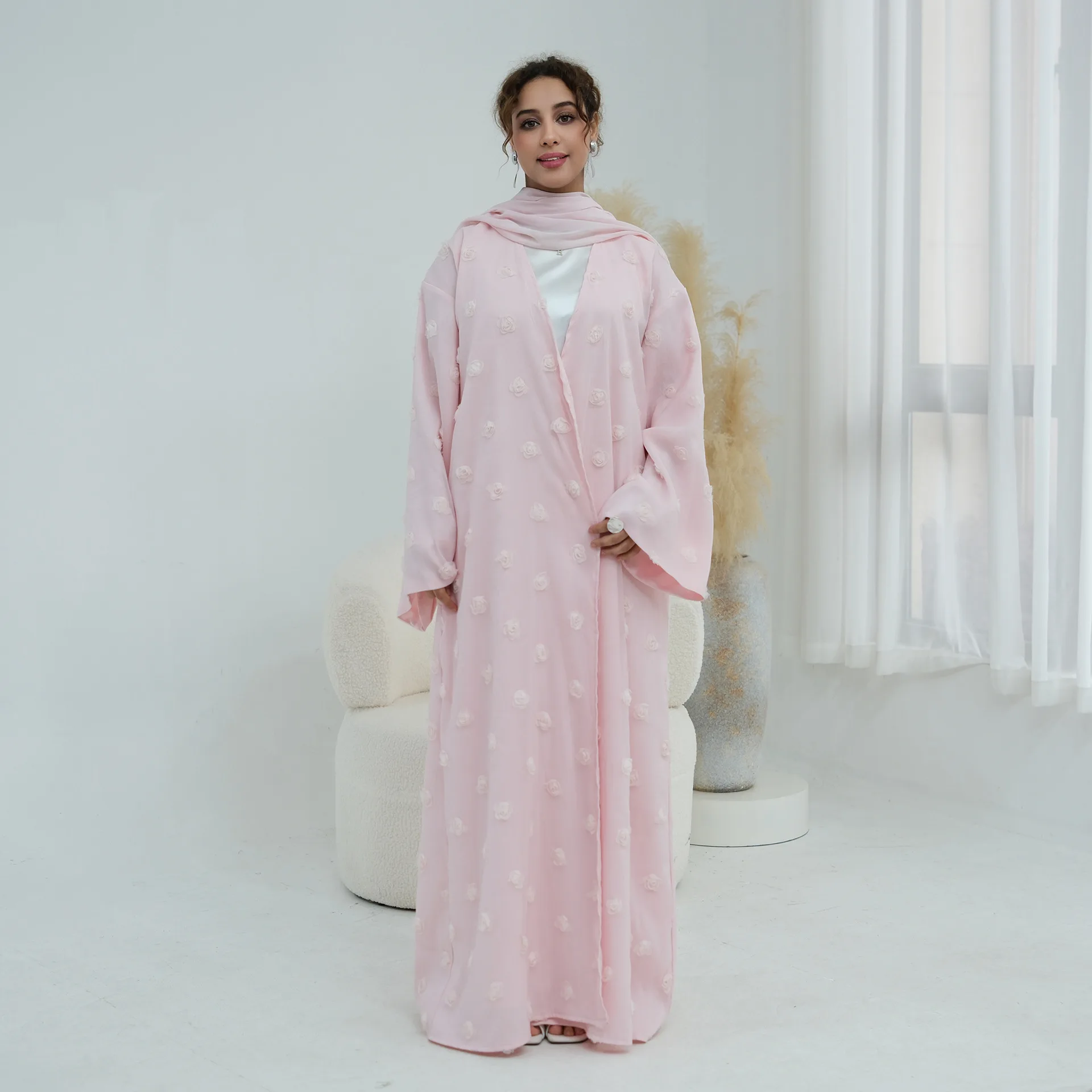 

Abaya Hijab 2 Piece Set Women Eid Muslim 3D Flower Cardigan Robe Dresses Khimar Suit Jalabiya Ramadan Dubai Kaftan Vestidos
