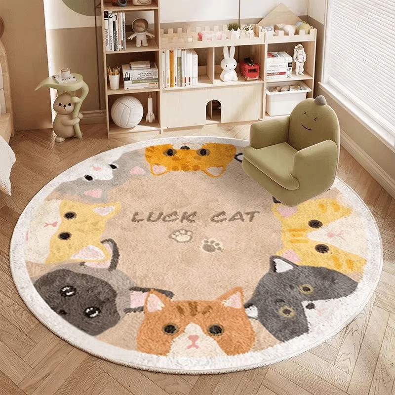 VIKAMA Round Area Rug Cute Lucky Cartoon Kittens Luck Cat Letter Non Slip Circular Floor Mat Kids Room Decor