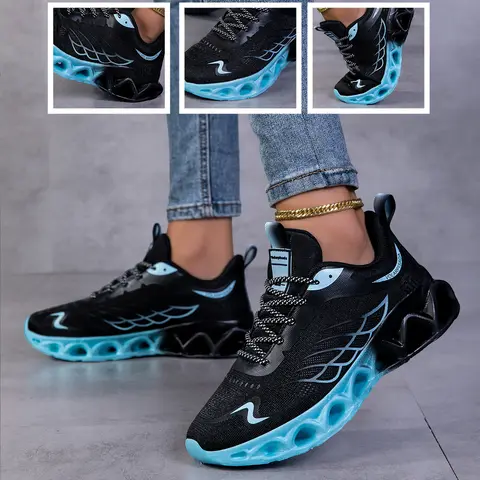 Women Gradient Mesh Running Sneakers, Breathable Hollow Shock Absorbing Blade Sole Athletic Shoes, Lightweight Fashion Non Slip Walking Sports Trainers