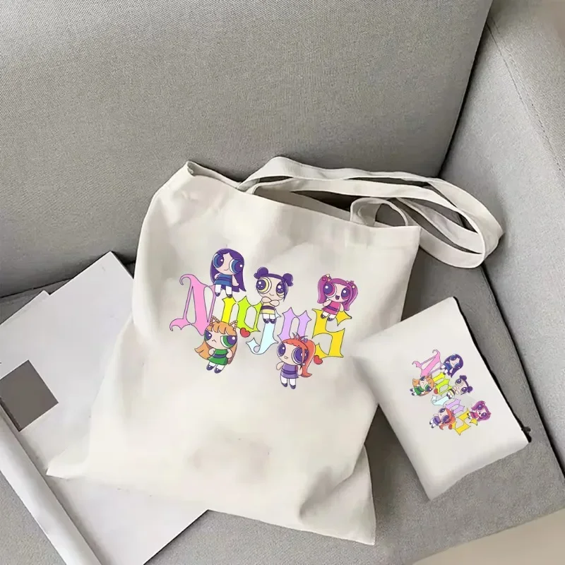 2pc NewJeans Kpop Tote Bag Newjeans Bunnies Women's Canvas Bag Newjeans Merch Fashion Casual Shoulder Bag Hanni Haerin Tote Bag