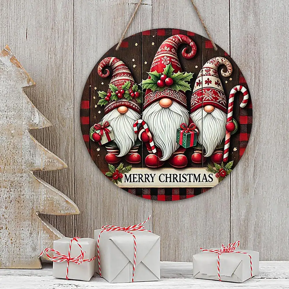 Christmas Hanging Sign Decoration Wooden Welcome Sign Round Wood Hanging Plaque Festive Gnome Welcome Sign Window Pendants