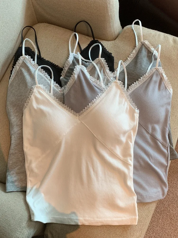 

Pure Desire Atmosphere Lace Trim Tank Top Women's Slim Fit Inner And Outer Wear with Chest Pad Korean Style Short Length