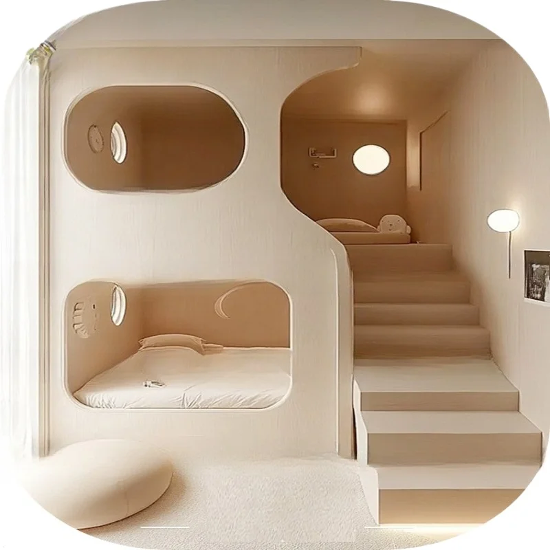 Tempat tidur minimalis modern, tempat tidur ganda dengan tangga