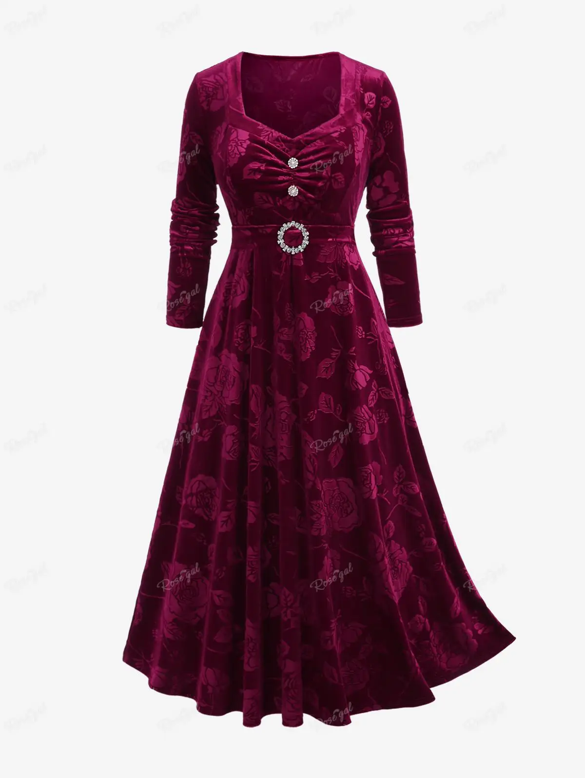 

ROSEGAL-Plus Size Velvet Dress for Women, Ruched Rhinestones Buckle, Long Sleeves Ball Gown, Autumn Casual Vintage Dress Vestido