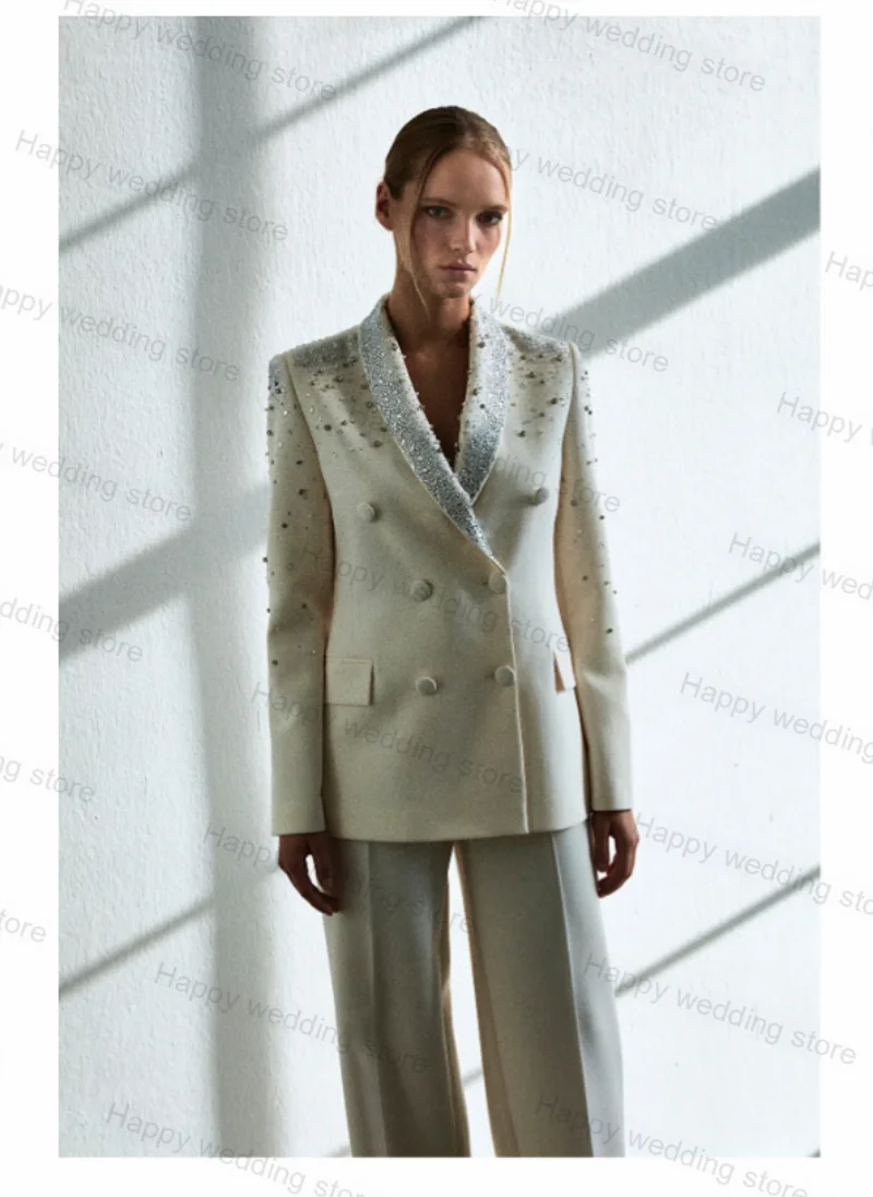 Elegant White Women Suit Set 2 Piece Blazer+Pants Formal Crystals Bead Pageant Wedding Tuxedo Jacket Coat Custom Made Prom Dress