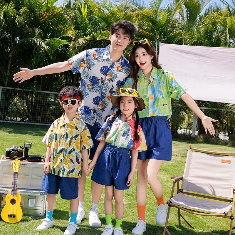 Holiday Family Matching Outfit Resort Vacation Print Shirt Dark Denim Shorts Mother Daughter Father Son Beach Camping Coordinate