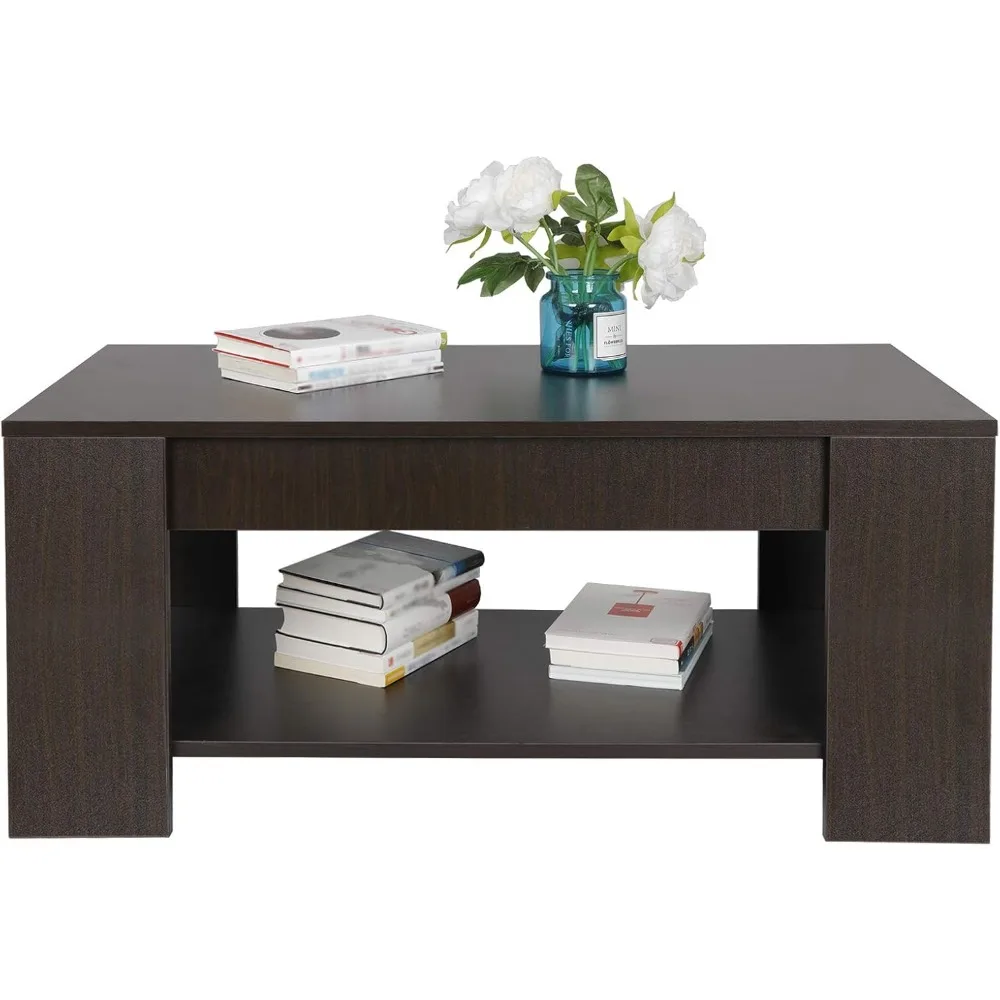 Levante a mesa de centro superior com compartimento oculto, armazenamento pop-up, mesa de coquetel para sala de estar, prateleiras modernas