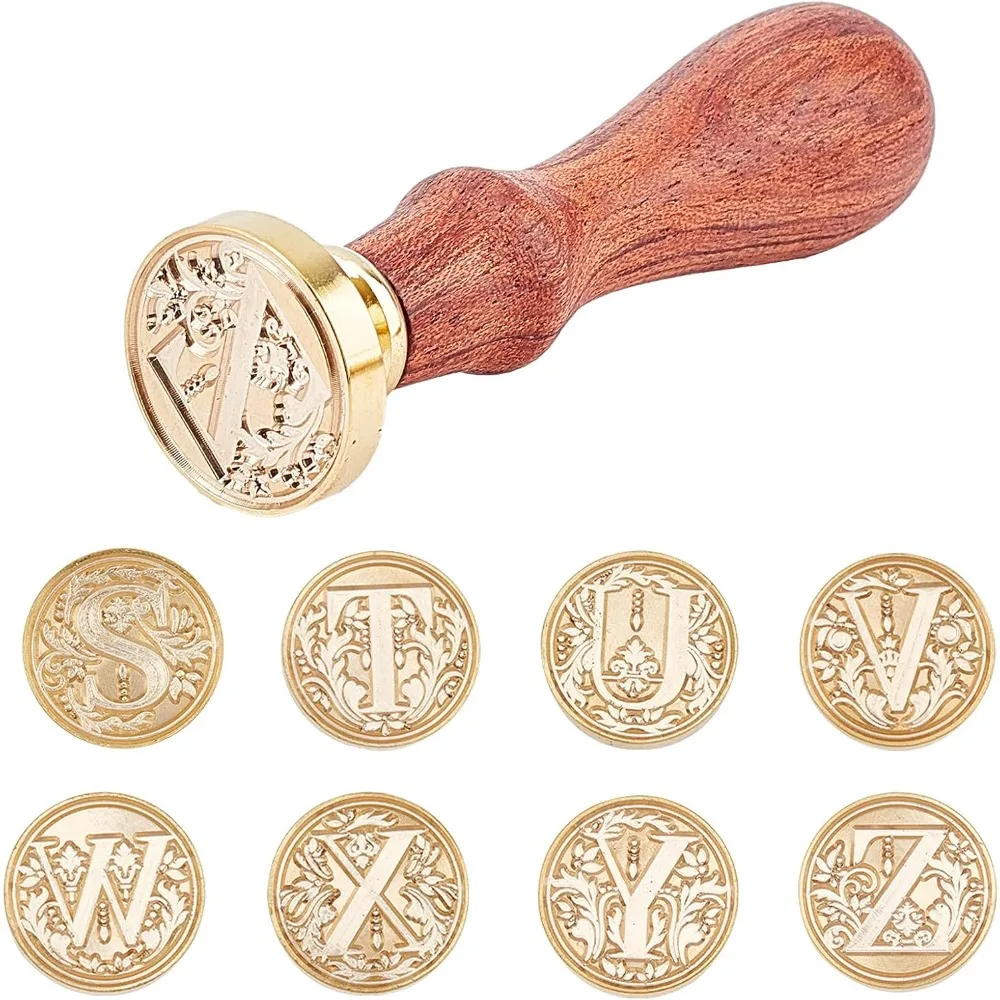 Wax Seal Stamp Heads 26 Letters A-Z Alphabet Initial Brass Head Sealing Stamp with 2PCS Wooden Handle, Wax Letter Seal Stamp