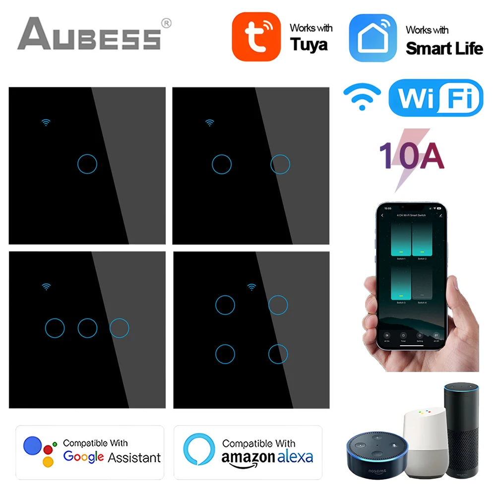 1/2/3/4 Gang TUYA WiFi Smart Touch Switch Home Light Wall Button Neutral Wire Alexa Google Assistant Smartlife 10A EU Standard