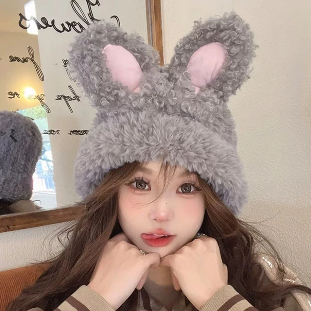 Fashion Rabbit Ears Knitted Hats For Women Girls Warm Soft Plush Bunny Beanie Winter Outdoor Elastic Ski Hat Ear Warmer Hat