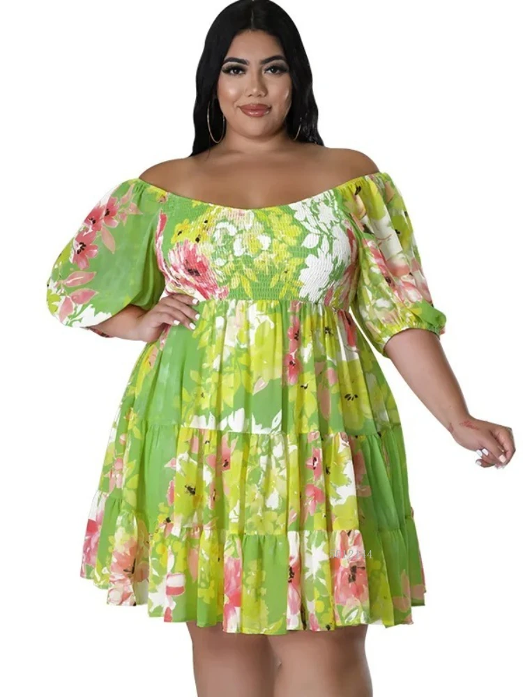 

European and American large-size women's clothing summer new products sexy one-word shoulder print dress