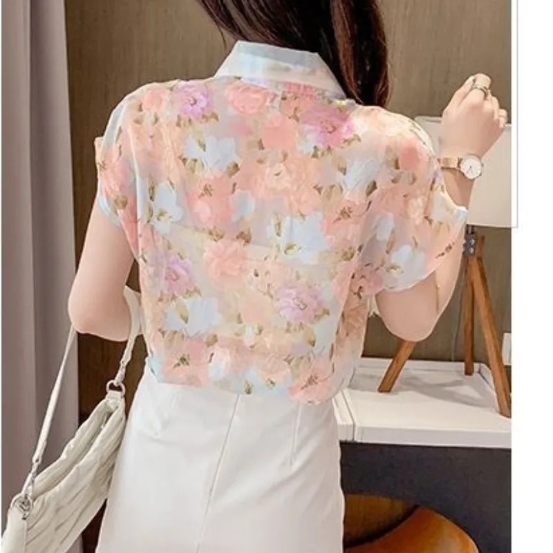 2024 Women\'s Summer Patchwork Turndown Collar Button Printing Batwing Sleeve Fashion Loose Short Sleeved Casual Shirts Blouses