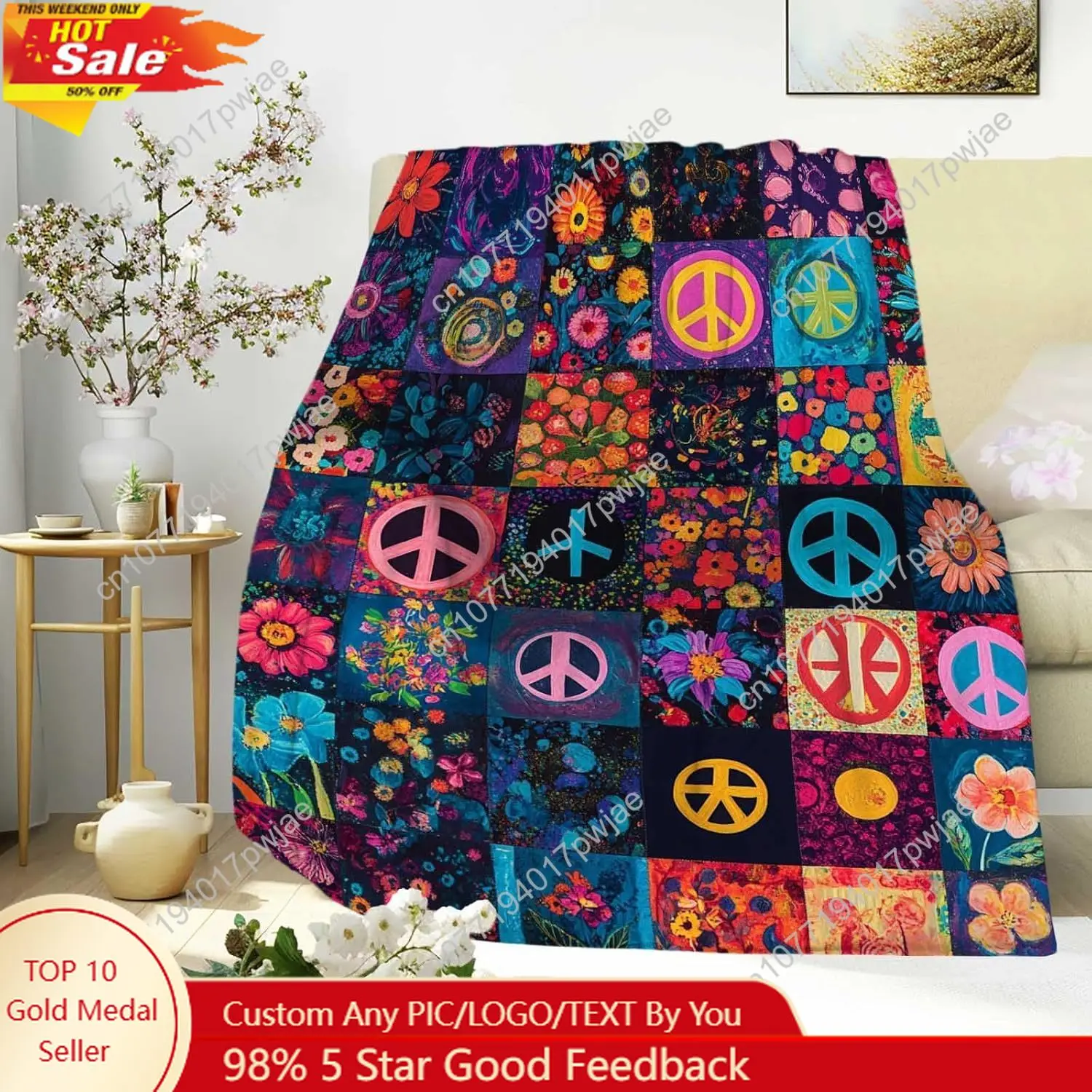 

Vintage Hippie Peace Symbol Throw Blanket Floral Style Soft and Cozy Fleece Blanket for Men Women Couch Custom blankets