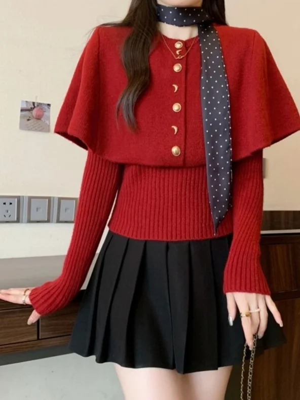 

Red Layered Knitwear Cowl Ne Sweater Ele Slimming Sle Winter Faion 2025 New Arrival Luxury Light Weight Loose Fit