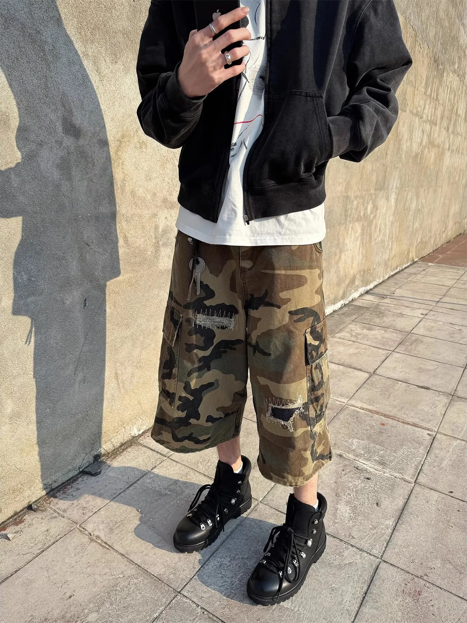 

Spring American Retro Patched Camouflage Seven-Foot Pants ex Loose Casual Straight ort orts Youth Active Sle All-Se...