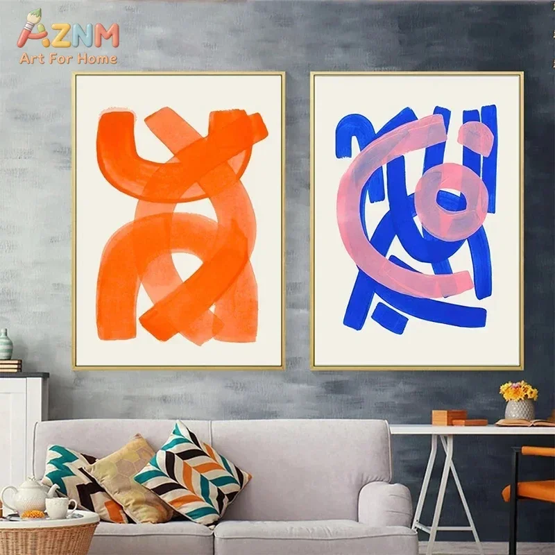 AZNM Modern Abstract Color Block Canvas Wall Art, Orange Pink Blue Brush Stroke Print Poster, Unframed Contemporary Minimalist H