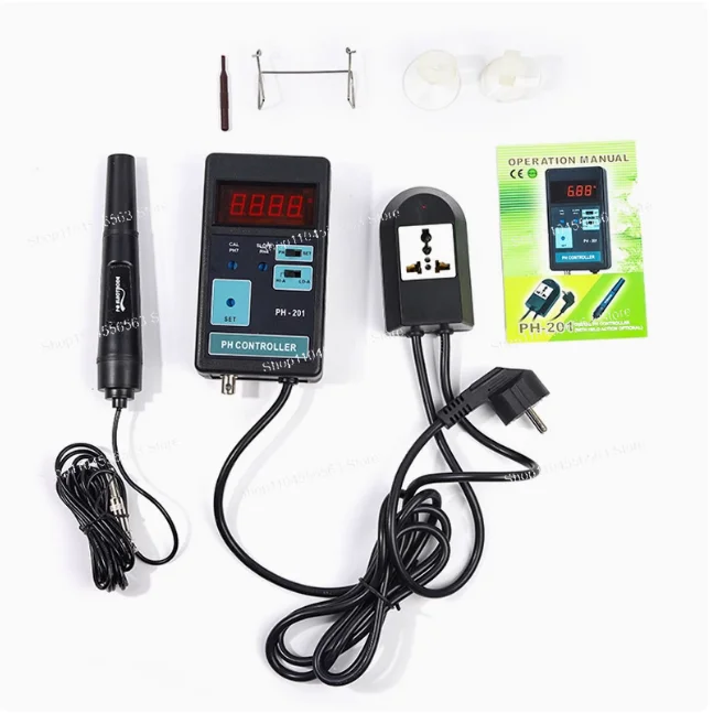 PH-201 디지털 LCD 디스플레이 PH CO2 컨트롤러 미터 수족관 물고기 탱크 0.00 ~ 14.00PH 범위 + 스위치 소켓 AC 100-240V