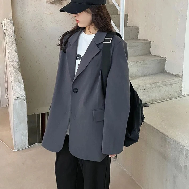 2024 Fashion Single Buckle Blazer Women Chic Gray Long Sleeve Office Blazers Woman Korean Style Turn Down Collar Loose Jacket