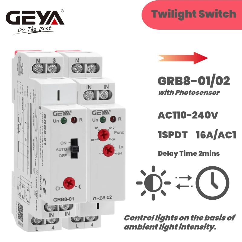 GEYA GRB8-01/02 Din Rail Twilight Switch Photoelectric Timer Light Sensor Relay AC110V-240V Auto ON OFF