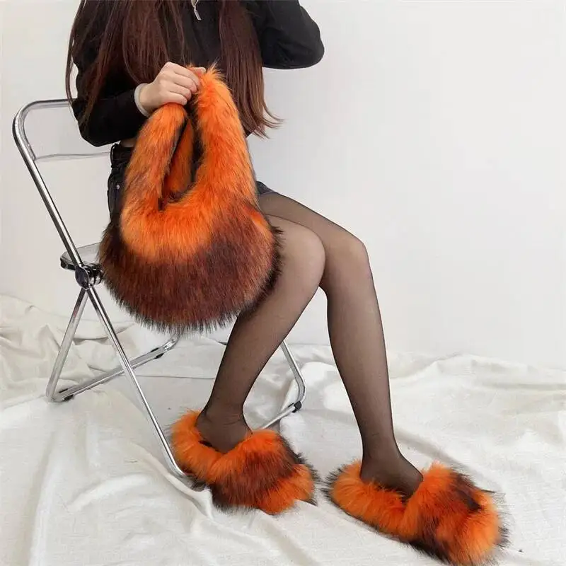 Faux Fur Slippers And Bag Set 2025 Fashion Fur Handbags Women Purse Furry Slides Matching Set Indoor Shoes Plus Size 46