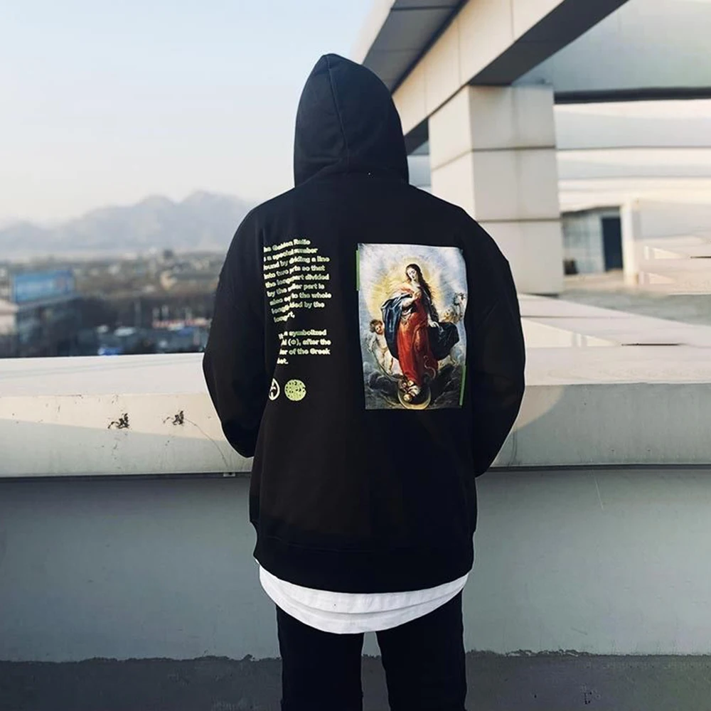 American Hip-hop Street Casual Long-sleeved Sweater Hooded Tatoo Autumn Virgin Mary Graffiti Street Fashion Men's Clothing