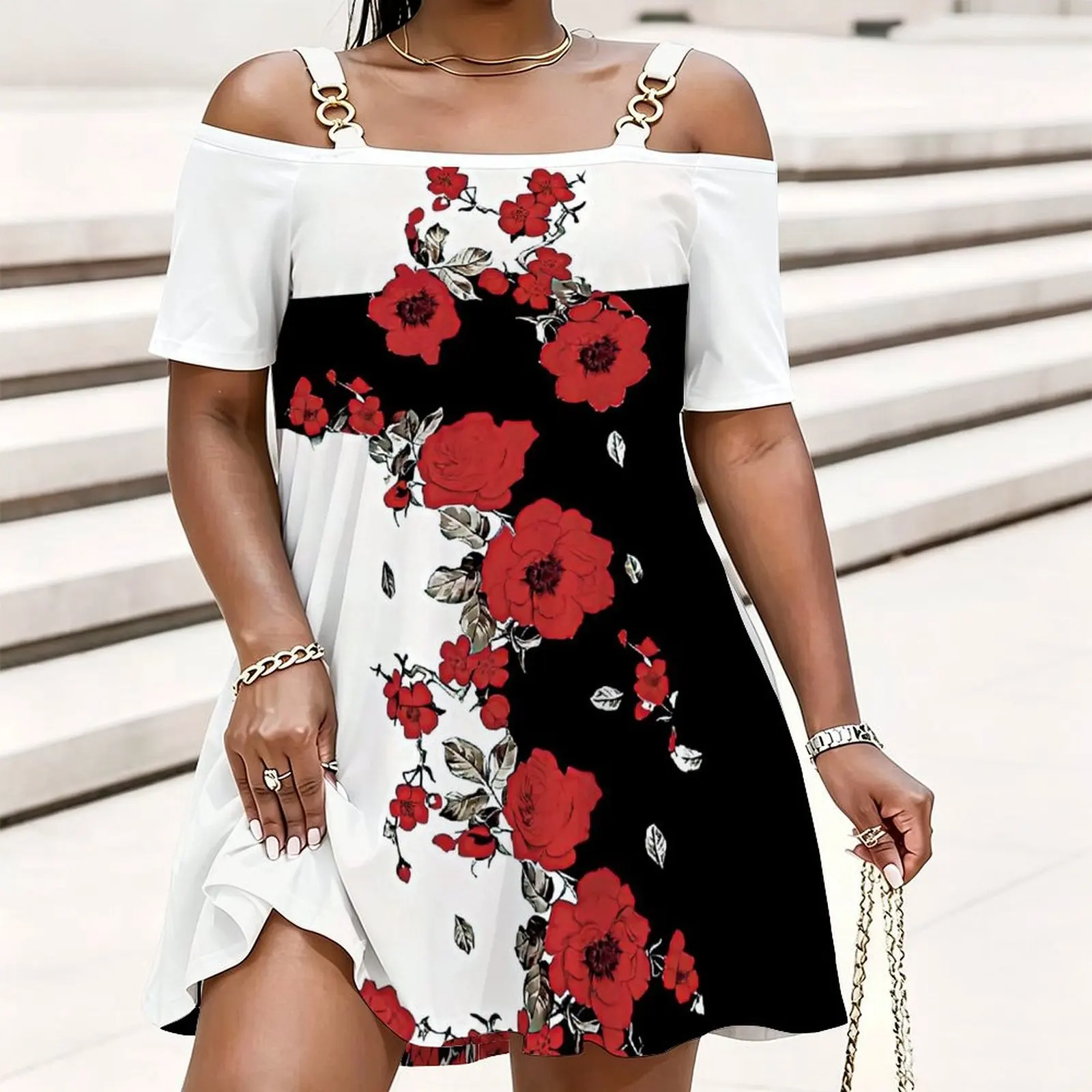 Women Print Off Shoulder Mini Dress Metal Chain Spaghetti Strap Short Sleeve Loose Flowy Summer Beach Short Dress