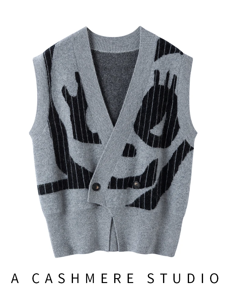 

Autumn Winter Women's Cashmere Sweater Waistcoat Irregular V-neck Cardigan Jacquard 100% Cashmere Knitwear Vests Loose Clothing