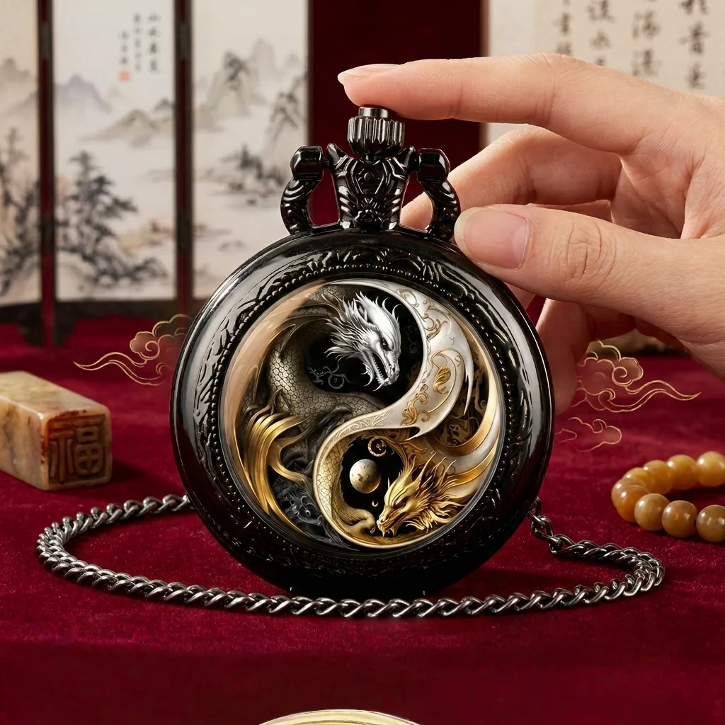 Dual-Tone Dragon Pocket Watch - Retro Golden & Silvery Quartz Timepiece, Exquisite Engraved Case & Vintage Chain Accessory Gift